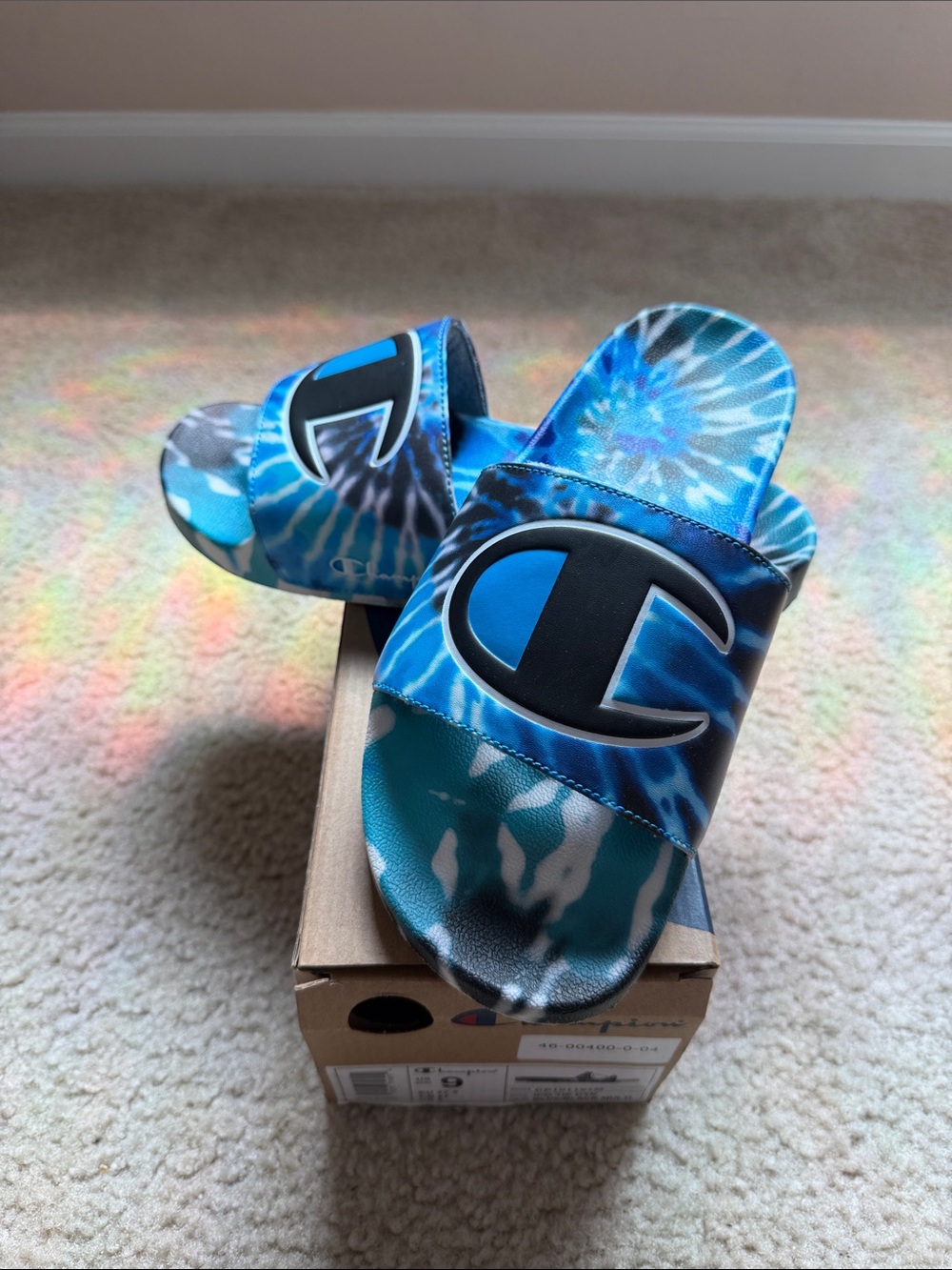 Champion Blue Tie-Dye Slide Sandals with Black Logo